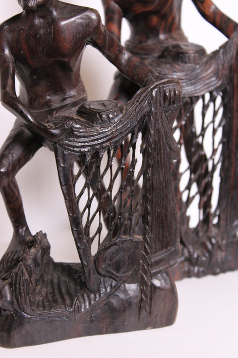 Hand Carved Wood Fishermen Sculpture