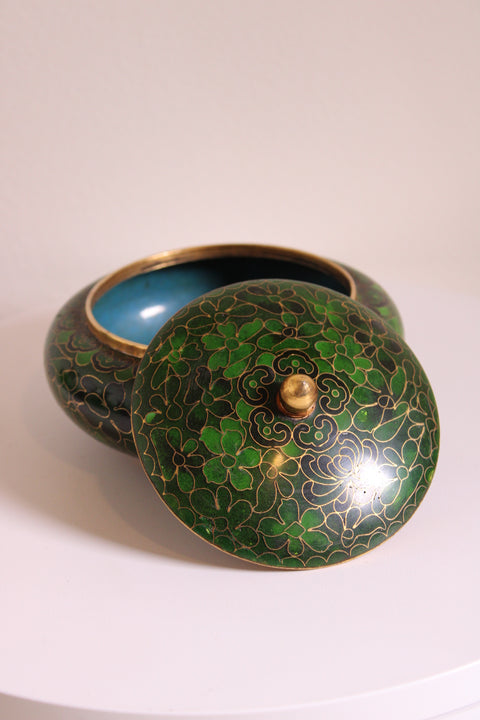 Vintage Chinese Green Cloisonné Trinket Box
