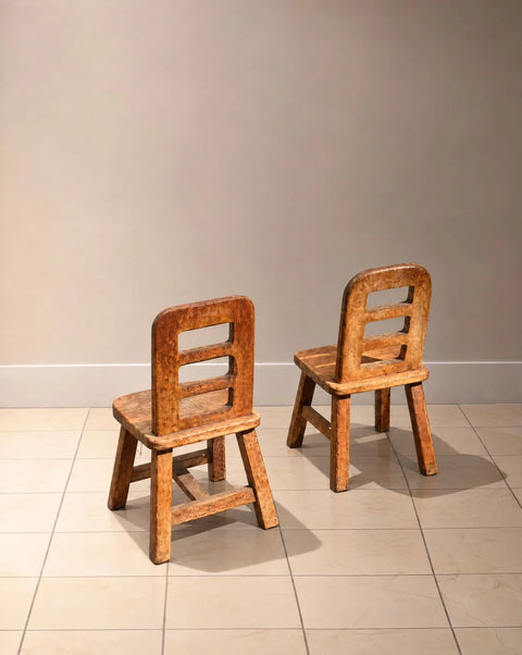 Rustic Primitive Wood Side Chairs with Cutout Backs – Pair