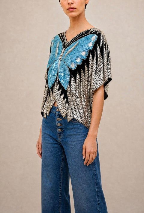 Blue Butterfly Sequin Top