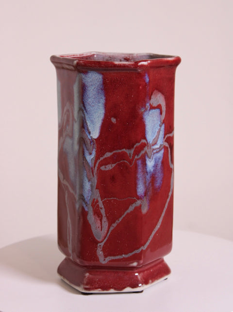 Red Crystalline Glaze Hexagonal Vase