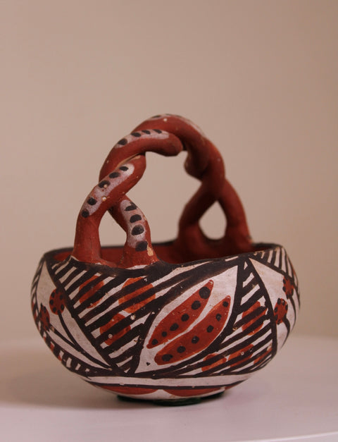 Hand Painted Folk Art Basket Pottery Vessel
