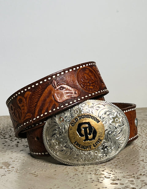 Brown Tooled Western Belt with Old Dominion Buckle