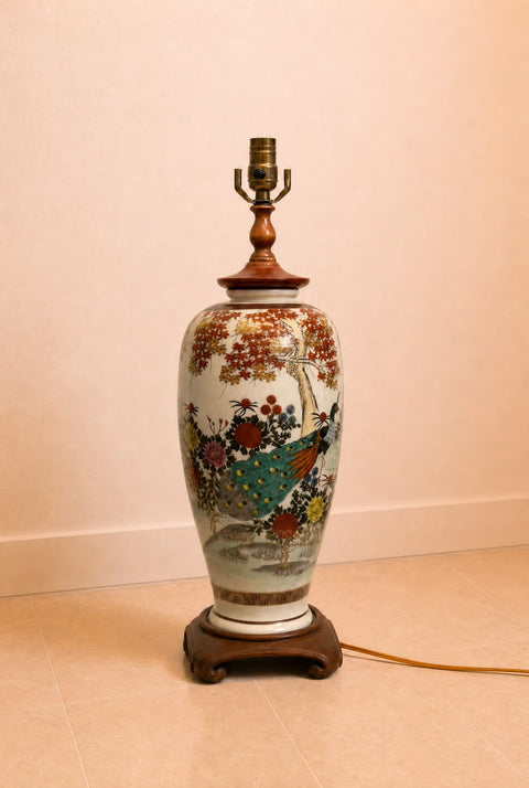 Vintage Japanese Satsuma Porcelain Table Lamp with Peacock & Floral Motif