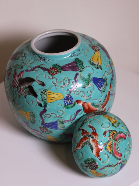 Vintage Turquoise Famille Rose Covered Jar with Floral and Figural Motifs