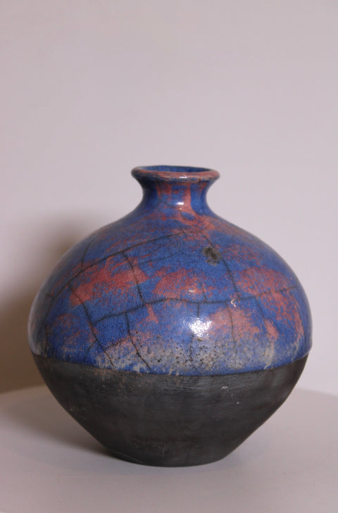 Signed Raku Studio Pottery Vessel in Cobalt & Black