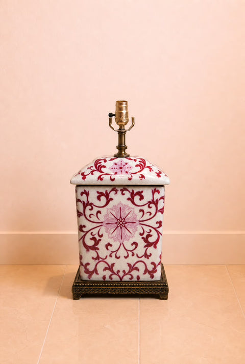 Vintage English Porcelain Covered Jar Table Lamp with Floral Motif