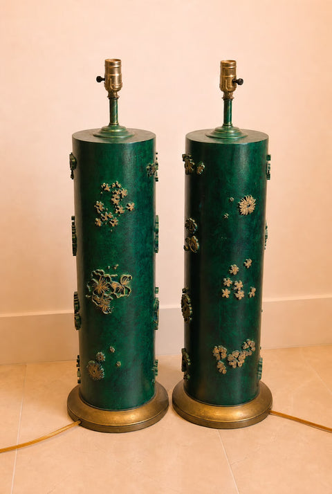 Pair of Green Antique Wallpaper Roller Lamps