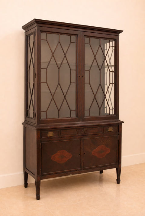 English Mahogany Inlaid Leaded Glass Display Cabinet