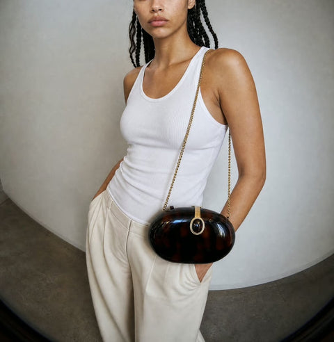 Tortoiseshell-Effect Oval Evening Bag