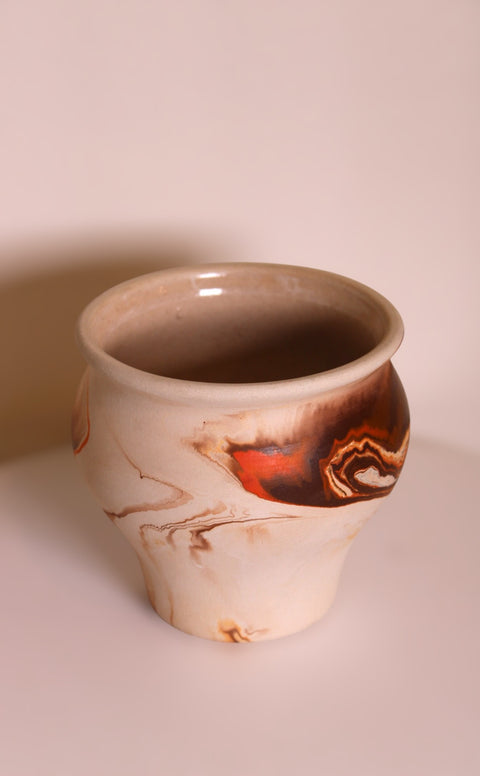 Vintage Nemadji Pottery Squat Vase Orange Black Flame Swirl Marbled Clay
