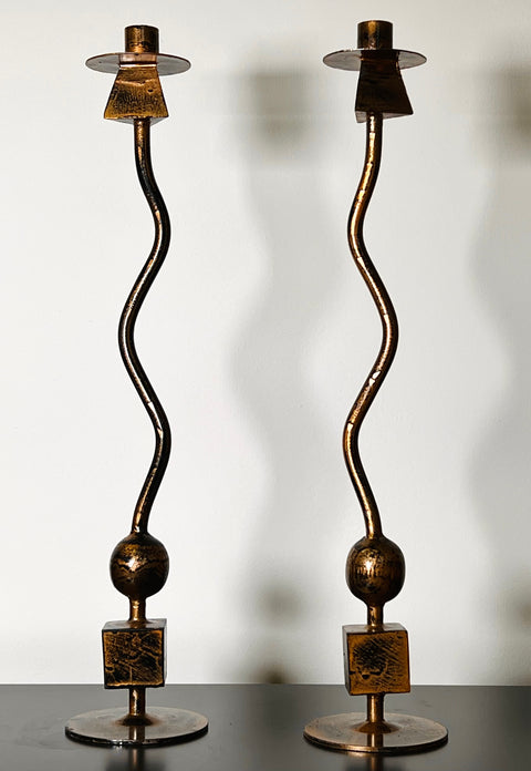 Vintage Pair of Gold Heavy Cast Iron Candle Stick
