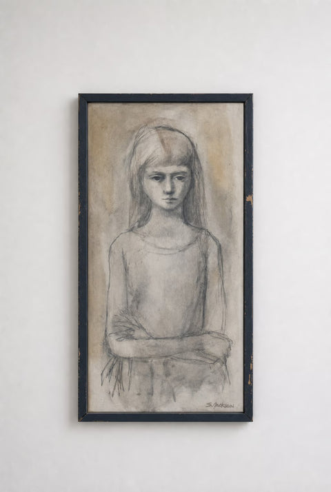 Vintage Framed Charcoal Portrait of a Young Woman
