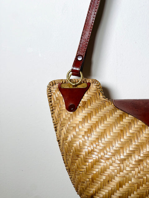 Woven Straw Crescent Shoulder Bag with Brown Trim
