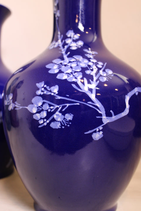 Pair of Vintage Cobalt Blue Prunus Porcelain Vases