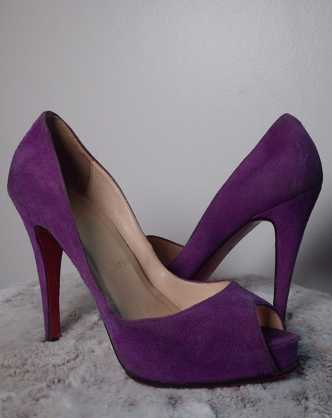 Pre Owned Christian Louboutin Purple Suede Peep Toe Heels | Red Sole Classic Pumps | Designer Statement Shoes