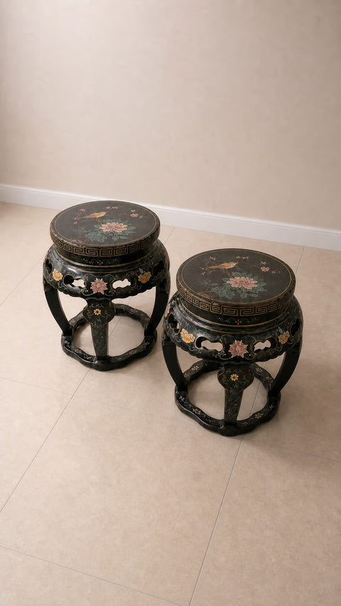 Pair Antique Hand Carved Asian Side Tables