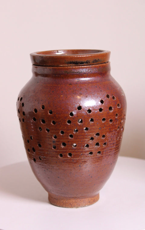 Brown Pierced Studio Pottery Lantern Vase