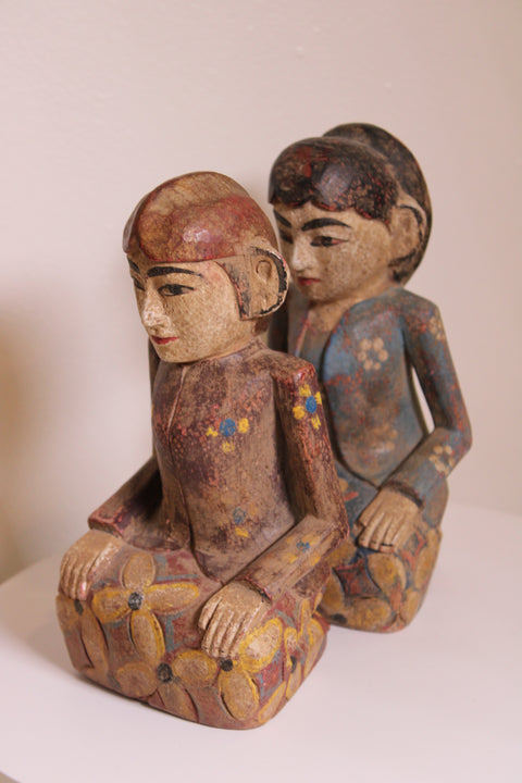 Pair Seated Antique Javanese Folk Art Floral Carved Figures