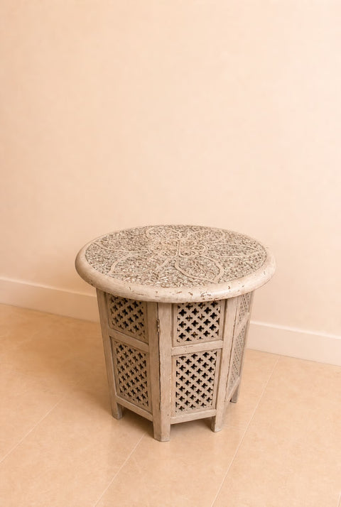 Vintage Hand-Carved Moroccan Round Accent Table | Pink Wood Side Table