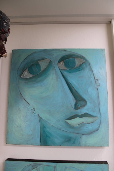 Teal Expressionist Face with Hands Painting