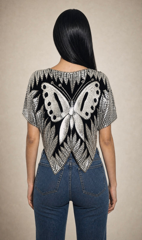 Silver Butterfly Sequin Top