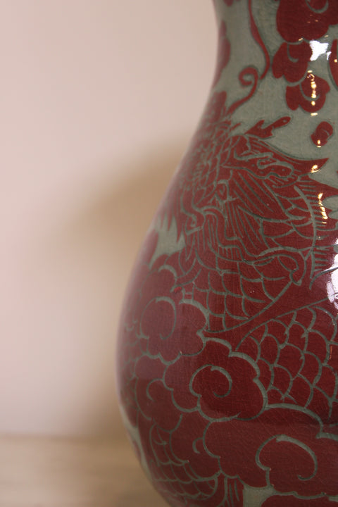 Vintage Red and Celadon Dragon Phoenix Porcelain Vase