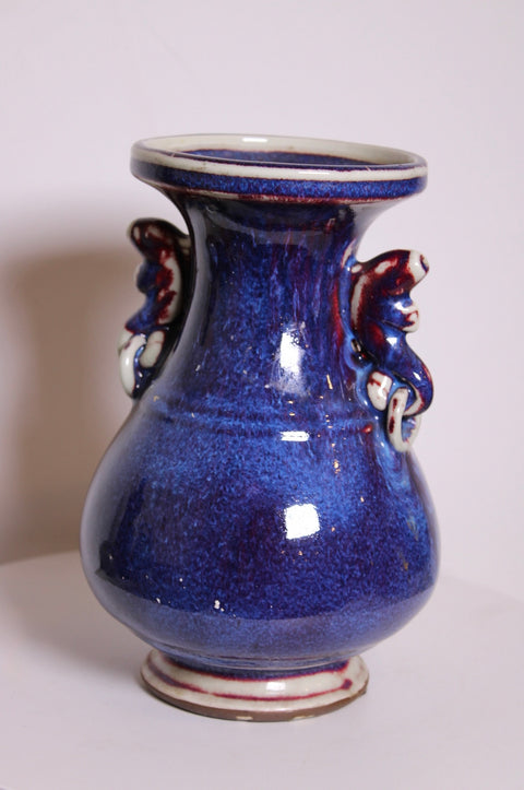 Cobalt Blue Foo Dog Handle Vase