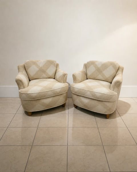 Pair of Cream Ivory Plaid 1940s Club Chairs