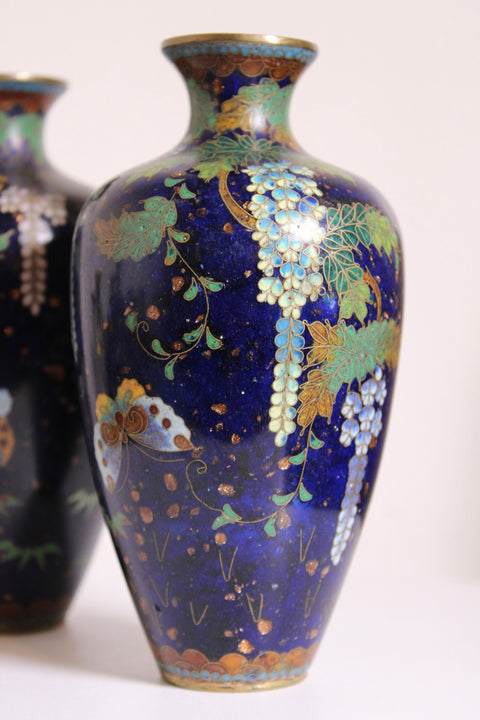 Pair of Vintage Cloisonné Butterfly & Wisteria Vases