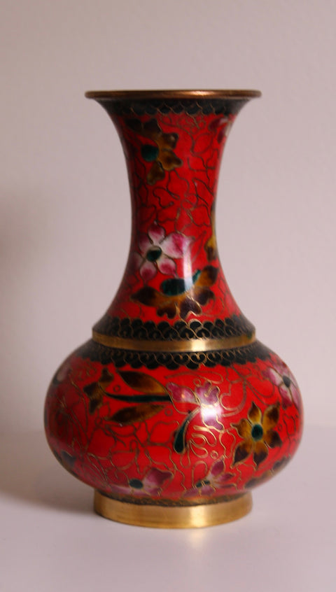 Vintage Red Cloisonné Floral Vase