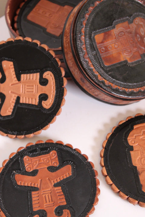 Tooled Leather Round Coaster Set