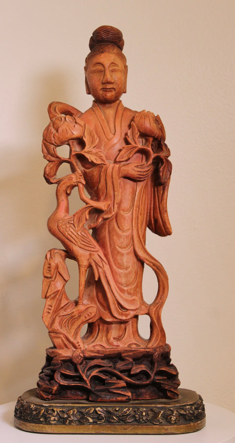 Vintage Carved Wood Immortal Figure Sculpture with Crane and Lotus Base