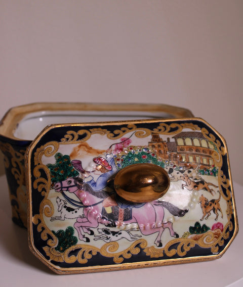 Vintage Black and Gold Porcelain Covered Box with Dog Scene