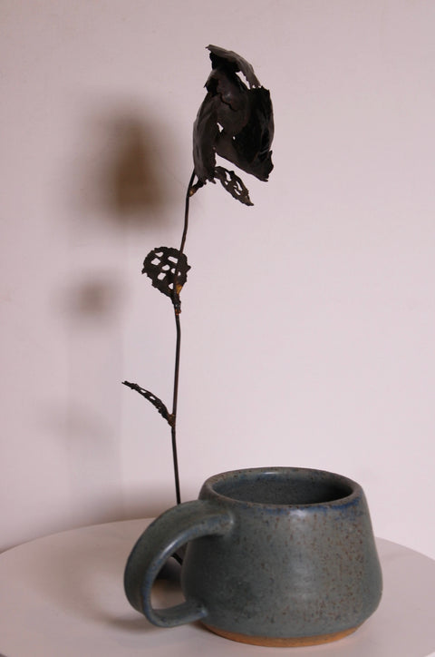 Vintage Hand-Forged Metal Rose Sculpture on Stand