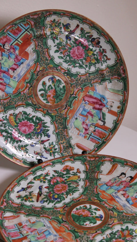 Antique Chinese "Canton" Rose Medallion Porcelain Plates, Circa 1900's