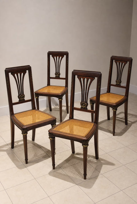 Vintage Empire Style Lyre Back Cane Dining Chairs (Set of 4)