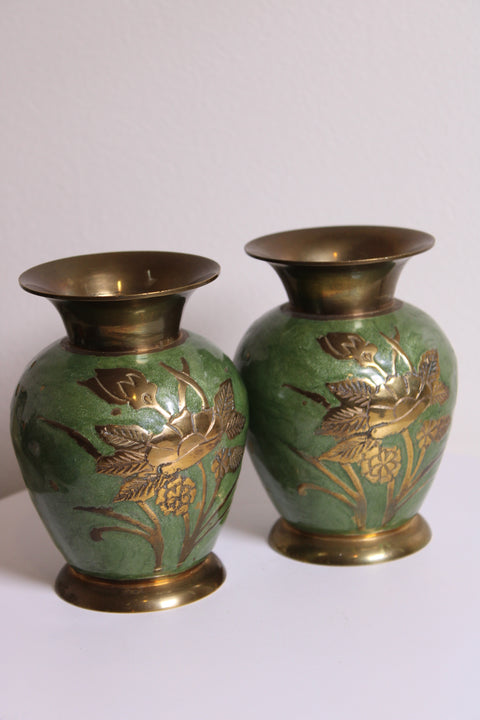 Vintage Pair of Green Brass Overlay Floral Vases