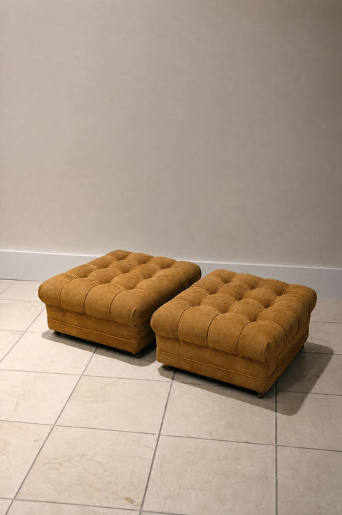 Vintage Pair of 1960s Biscuit Trigger Carmel Ultra Suede Ottomans