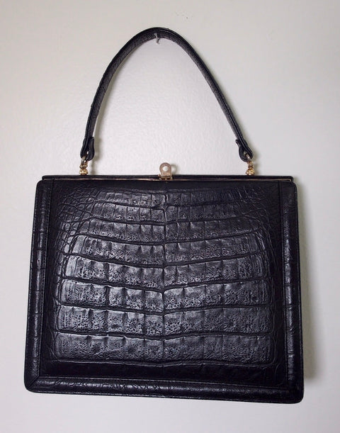 Pre Owned Black Genuine Crocodile-Embossed Leather Frame Bag | Wild Croco Embossment | Gold Hardware Kiss-Lock Handbag (VIntage)