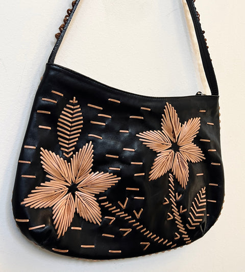 Sharif Black Leather Floral Appliqué Shoulder Bag — product detail