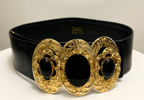 Hobé Black Belt with Gold-Tone Medallions
