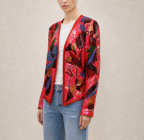 Red Sequin Floral Cardigan