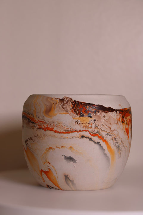 Vintage Nemadji Swirl Pottery Cylinder Bowl Cream Orange Black Marbled Clay