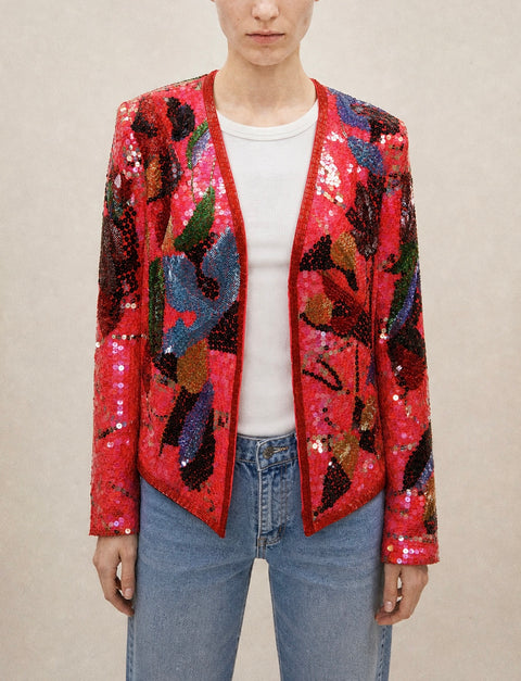 Red Sequin Floral Cardigan
