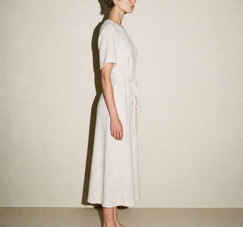 Vintage Cream Textured Tie-Front Dress — product detail