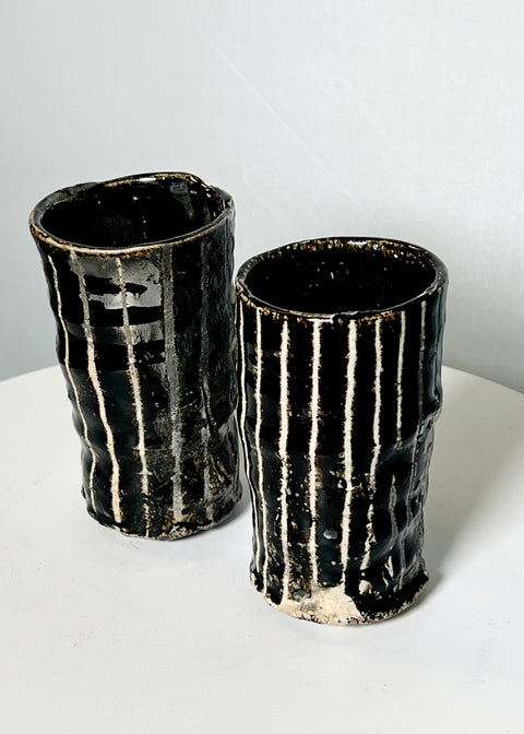 Pair of Black/White Striped Studio Pottery Cups