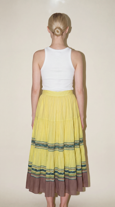 Vintage Yellow Tiered Prairie Midi Skirt