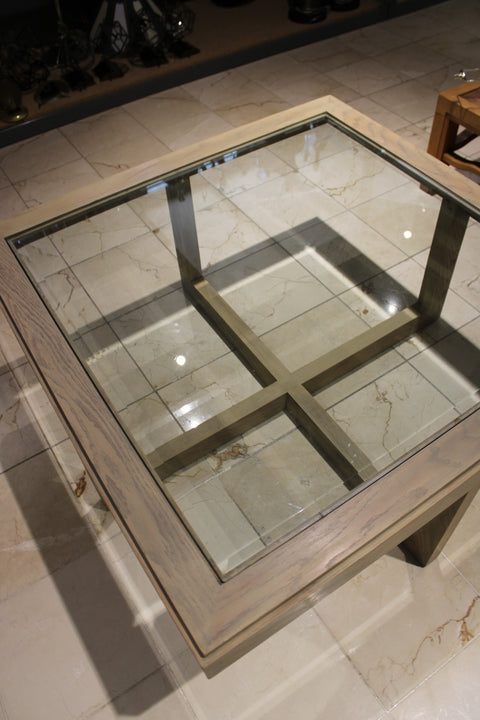 Vintage Square Glass and Wood Coffee Table