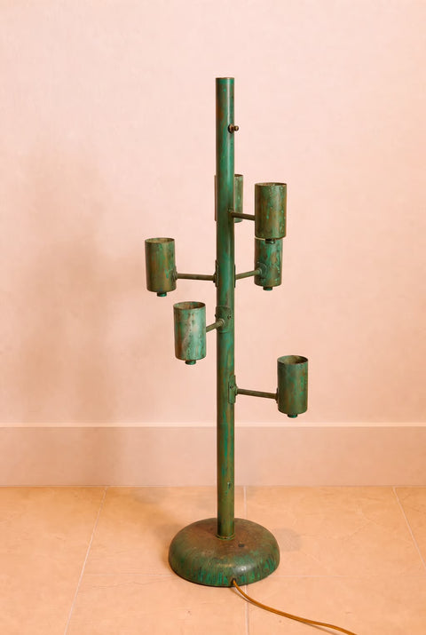 Vintage Patinated Brass Five-Light Floor Lamp | Mid-Century Modern Sculptural Torchère